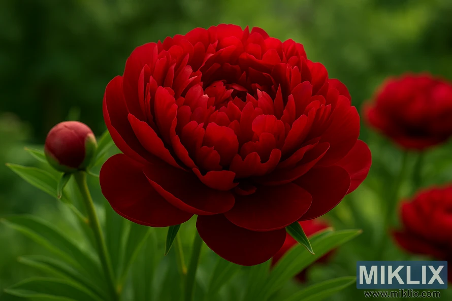 A close-up of a Red Charm peony with deep red, bomb-shaped double blooms in a lush garden setting.