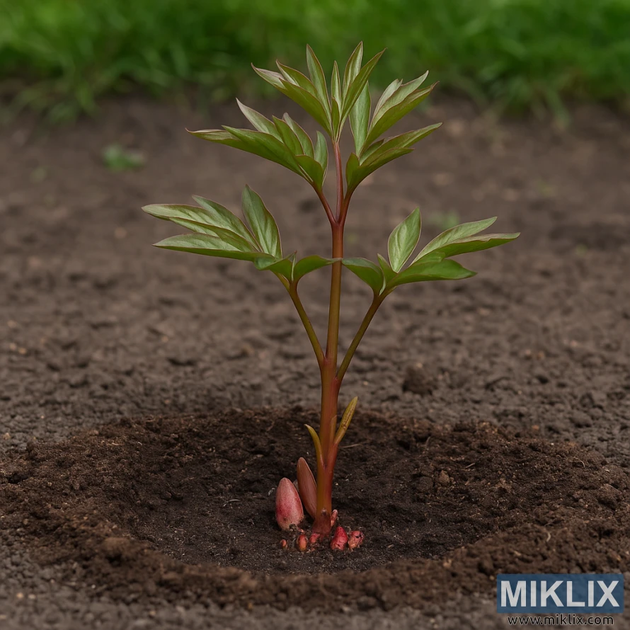 A young peony planted at the correct depth with reddish buds (eyes) just below the soil surface in a garden bed.