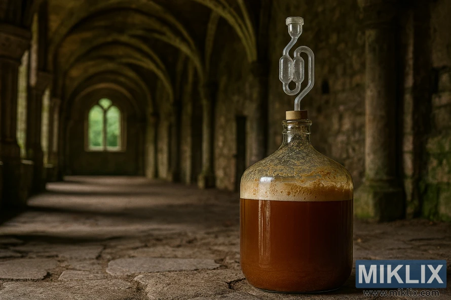 Staklena demižona jakog belgijskog piva koje fermentira s zračnom komorom u obliku slova S unutar rustikalne kamene opatije.