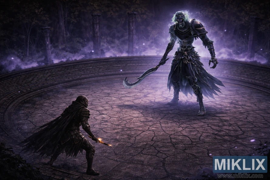 Dark fantasy isometric view of a lone armored warrior confronting a towering spectral boss inside a glowing circular stone arena at night.