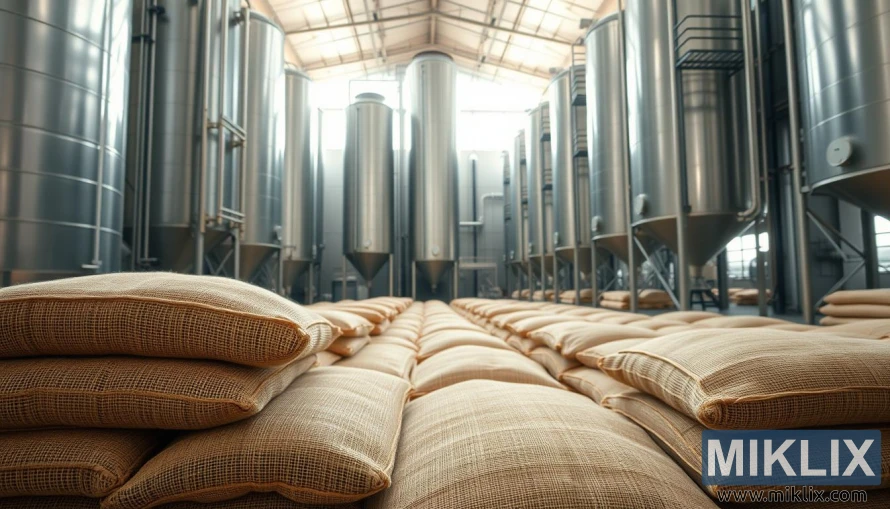 Stabler med jutesekker av blek malt med stålsiloer og reolsystemer i et lyst lager.