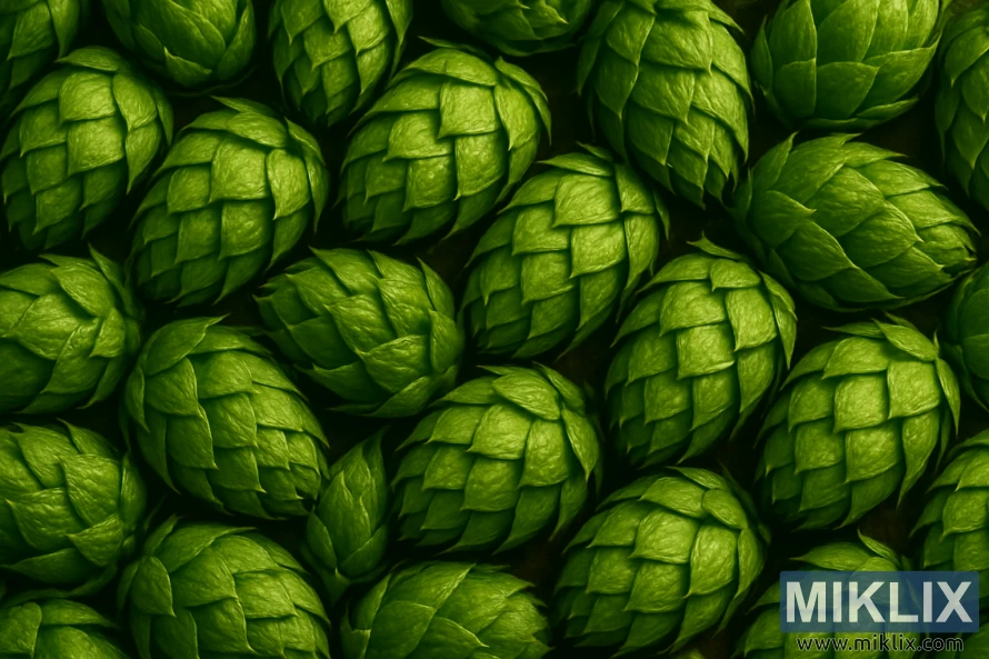 Nærbilde av grønne mosaikkhumlekegler arrangert i et slående mosaikkmønster med varmt lys. Nærbilde av grønne mosaikkhumlekegler arrangert i et slående mosaikkmønster med varmt lys.