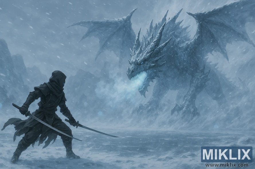 Scena paesaggistica in stile anime di un guerriero in armatura con Coltello Nero e due katane che affronta Borealis la Nebbia Congelante attraverso un vasto lago ghiacciato durante una bufera di neve. Scena paesaggistica in stile anime di un guerriero in armatura con Coltello Nero e due katane che affronta Borealis la Nebbia Congelante attraverso un vasto lago ghiacciato durante una bufera di neve.