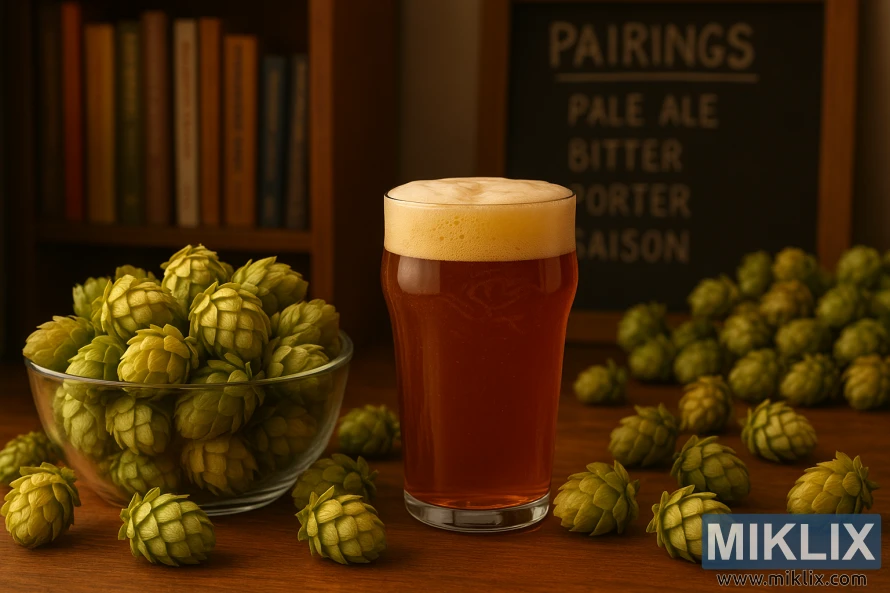 En hyggelig hjemmebarscene med et glas ravfarvet øl omgivet af friske Yeoman-humlevafler, med en bogreol og en tavle, der viser ølparringer i baggrunden.