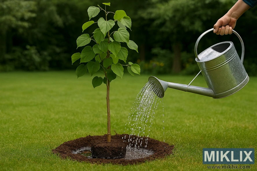 Riktig vanningsteknikk for et nyplantet lindetre ved bruk av en metallvannkanne i en hage