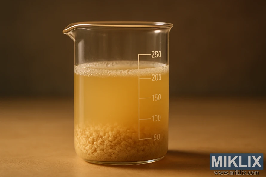 Pahar de laborator din sticlă transparentă, umplut cu lichid auriu și sediment de drojdie, iluminat cald pe un fundal neclar. Pahar de laborator din sticlă transparentă, umplut cu lichid auriu și sediment de drojdie, iluminat cald pe un fundal neclar.