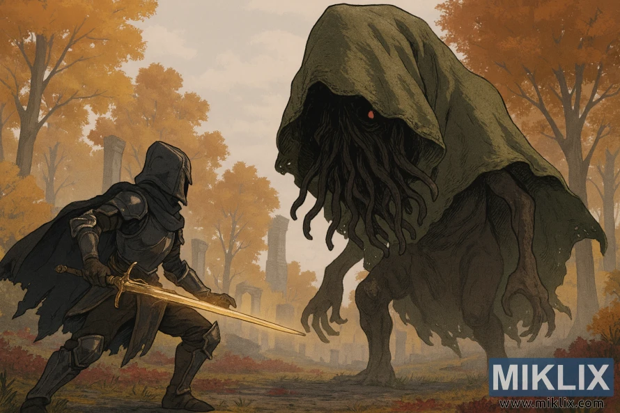 Illustration de style anime du Sans-éclat en armure de couteau noir combattant Wormface sur le plateau d’Altus d’Elden Ring