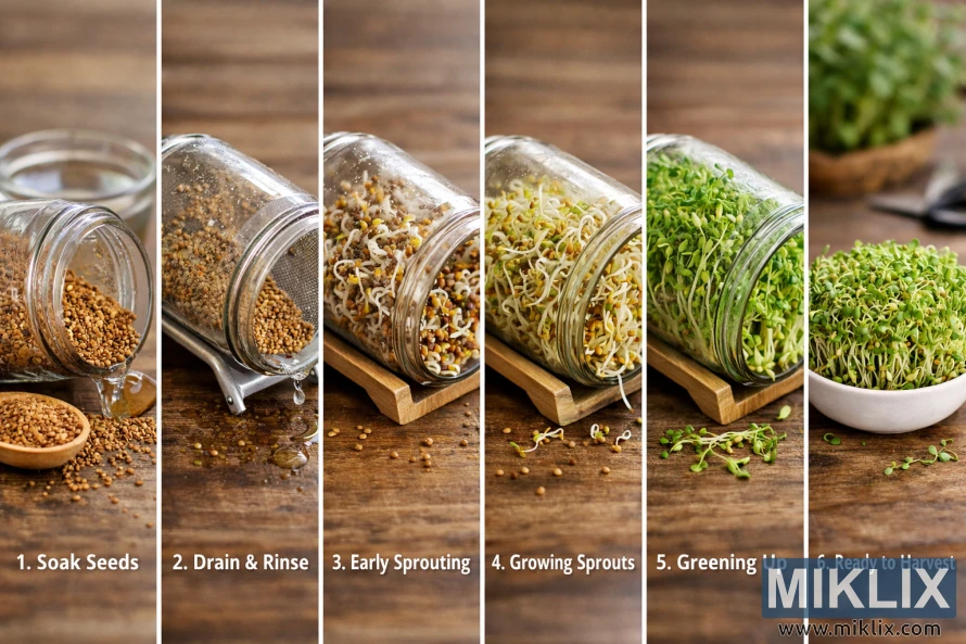 Landskapsbilde som viser den trinnvise prosessen med å dyrke alfalfaspirer fra tørre frø gjennom bløtlegging, skylling, spiring, grønning og høsting.