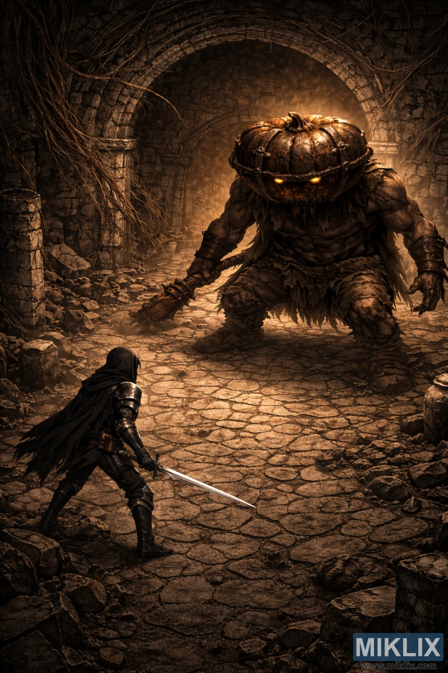 Semi-realistic dark fantasy isometric view of a Tarnished warrior with a sword confronting a towering Mad Pumpkin Head boss in ancient underground stone ruins before battle.