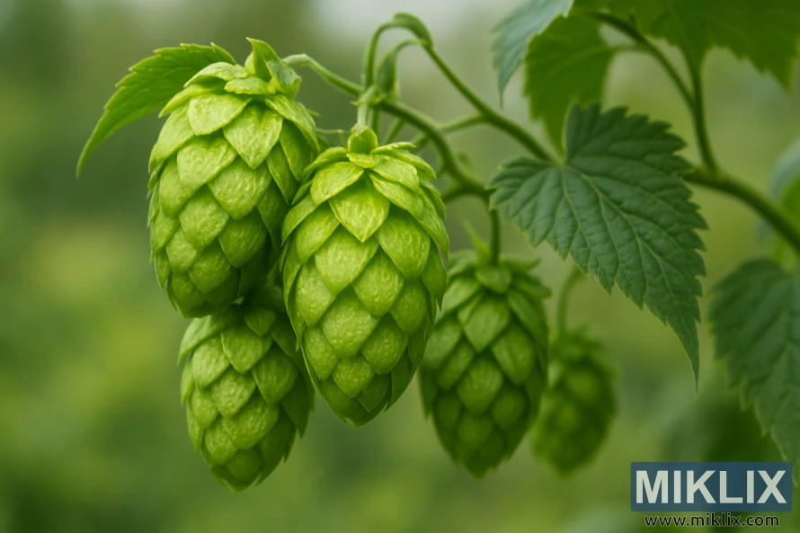 Close-up ng mga sariwang Huell Melon hop cone na may kumikinang na lupulin gland sa malambot na liwanag. Close-up ng mga sariwang Huell Melon hop cone na may kumikinang na lupulin gland sa malambot na liwanag.