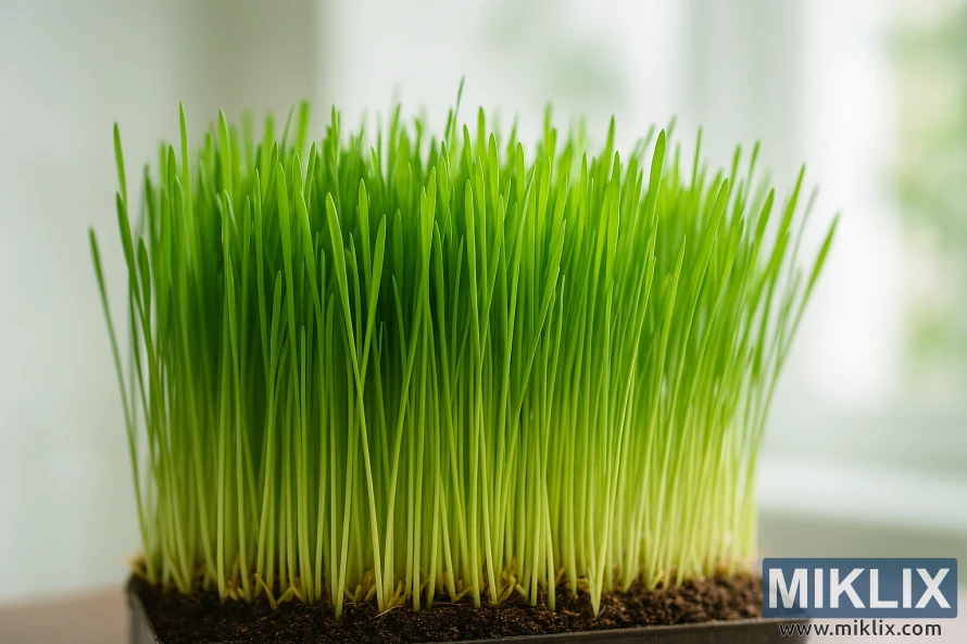 Vibrant green wheatgrass growing in a shallow container under soft indirect light Vibrant green wheatgrass growing in a shallow container under soft indirect light