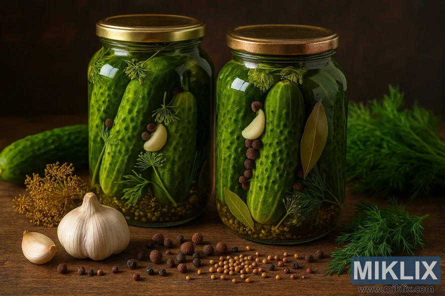 Two glass jars of freshly pickled cucumbers with dill, garlic, and spices on a rustic wooden surface.