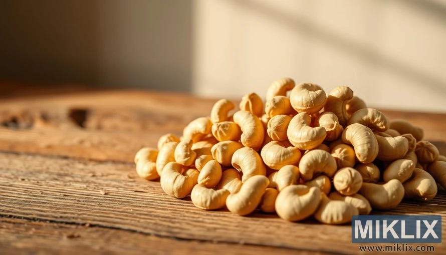 Close-up of fresh cashew nuts on a rustic wooden surface under soft natural side lighting. Close-up of fresh cashew nuts on a rustic wooden surface under soft natural side lighting.