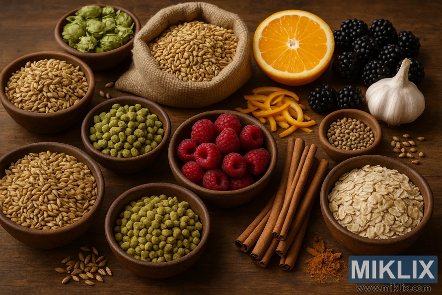 곡물, 홉, 베리, 향신료를 넣은 소박한 테이블 위에 놓인 홈브루잉 재료들.