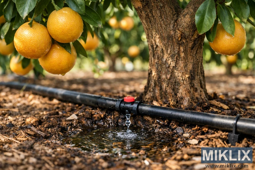 Sistema de irrigação por gotejamento irrigando uma árvore de toranja pela base, com toranjas maduras penduradas nos galhos em um pomar ensolarado.
