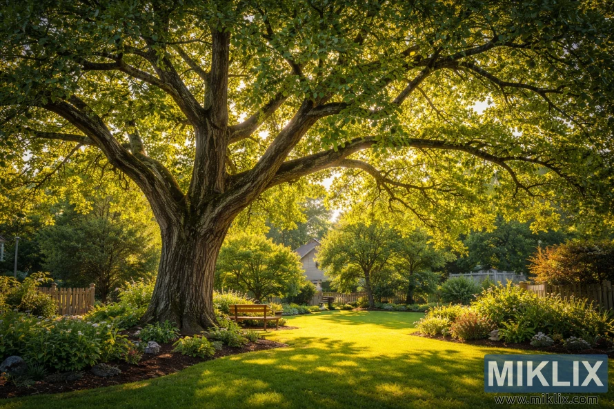 Mature walnut tree with a broad green canopy growing in a sunlit suburban garden with lawn, bench, and surrounding plants Mature walnut tree with a broad green canopy growing in a sunlit suburban garden with lawn, bench, and surrounding plants