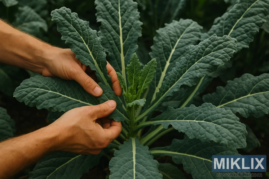 Hands gently harvesting outer kale leaves while leaving the center intact in a vibrant garden.