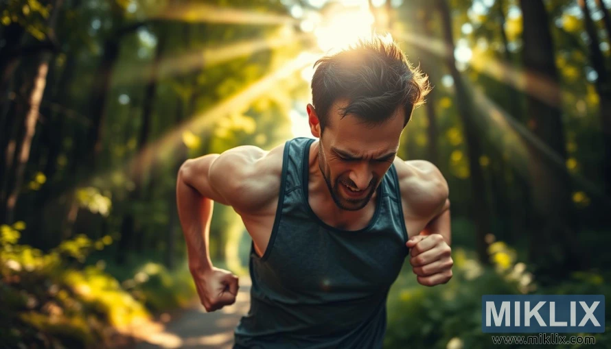 Վազորդը վճռականորեն լարվում է արևով լուսավորված անտառային արահետով, լույսը թափանցում է ծառերի միջով։