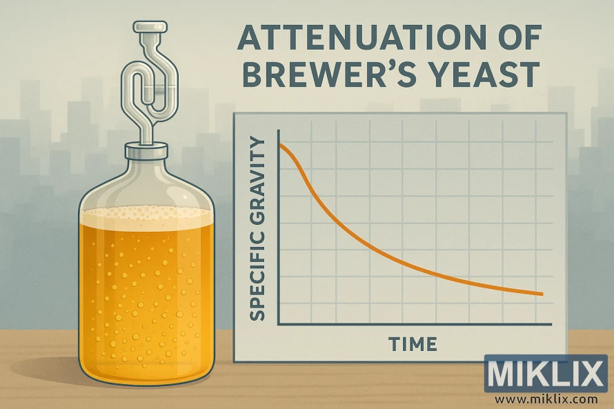 Diagram som viser ølgjæring med gjæraktivitet og en graf over spesifikk vekt over tid Diagram som viser ølgjæring med gjæraktivitet og en graf over spesifikk vekt over tid
