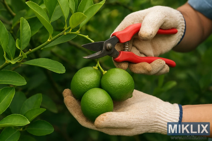 Close-up of gloved hands harvesting green limes using red pruning shears