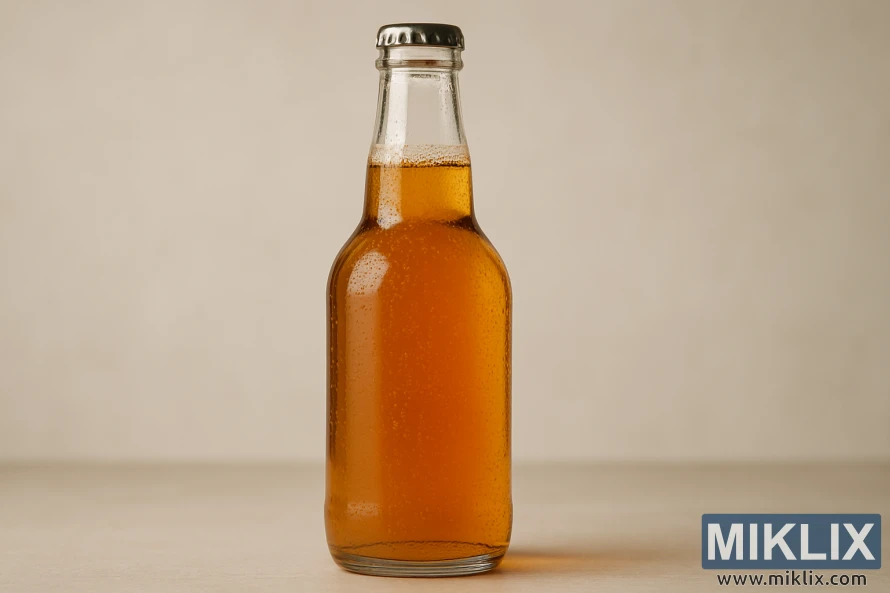 Close-up of a clear glass bottle filled with amber liquid against a soft, neutral background