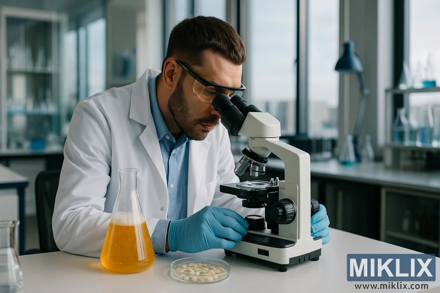 Mokslininkas modernioje laboratorijoje mikroskopu tiria alaus mielių mėginį.