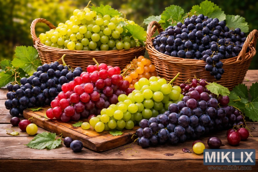 Des grappes assorties de raisins verts, rouges et violets foncés disposés dans des paniers en osier et sur une planche à découper sur une table rustique en bois à l’extérieur.