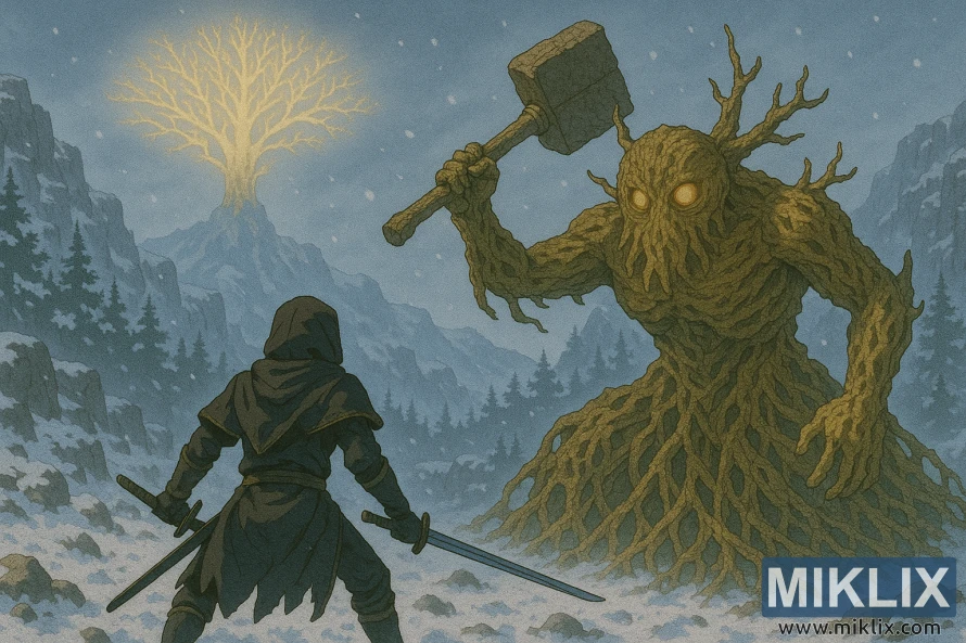 Umfanekiso wesitayela se-anime weqhawe elihlomile elihlomile elimnyama elinama-katana amabili abheke esihlahleni esiphakeme njenge-Erdtree Avatar enesando setshe esigodini sezintaba ezineqhwa. Umfanekiso wesitayela se-anime weqhawe elihlomile elihlomile elimnyama elinama-katana amabili abheke esihlahleni esiphakeme njenge-Erdtree Avatar enesando setshe esigodini sezintaba ezineqhwa.