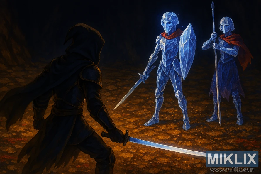 Anime-style fan art of the Tarnished in Black Knife armor battling two Crystalians in Altus Tunnel