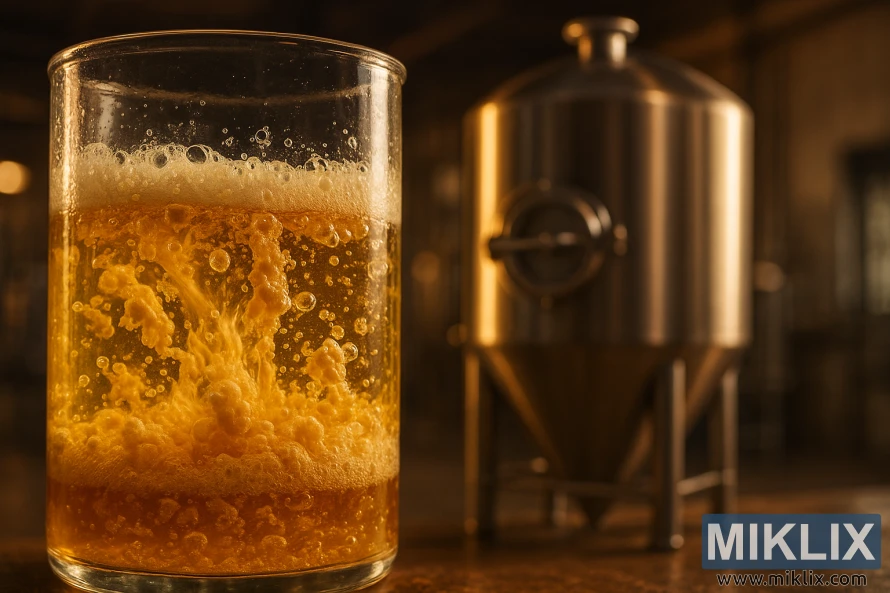 Close-up of golden beer fermenting in a glass container beside a stainless steel fermenter in a warmly lit brewery. Close-up of golden beer fermenting in a glass container beside a stainless steel fermenter in a warmly lit brewery.