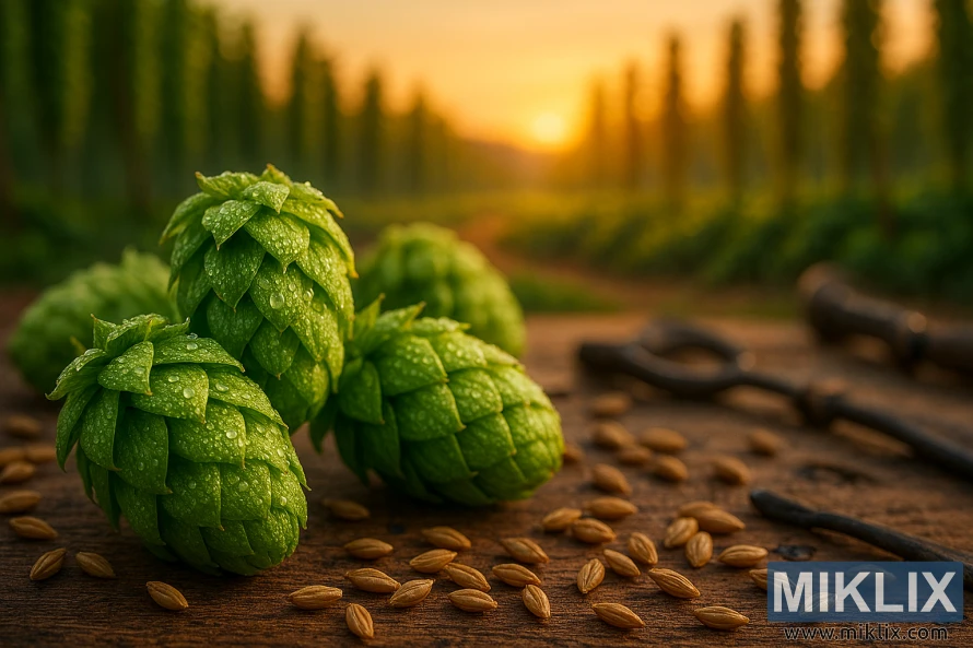 Close-up of dew-covered Calicross hop cones on a wooden table with barley grains and brewing tools, set against a blurred hop field at sunset.