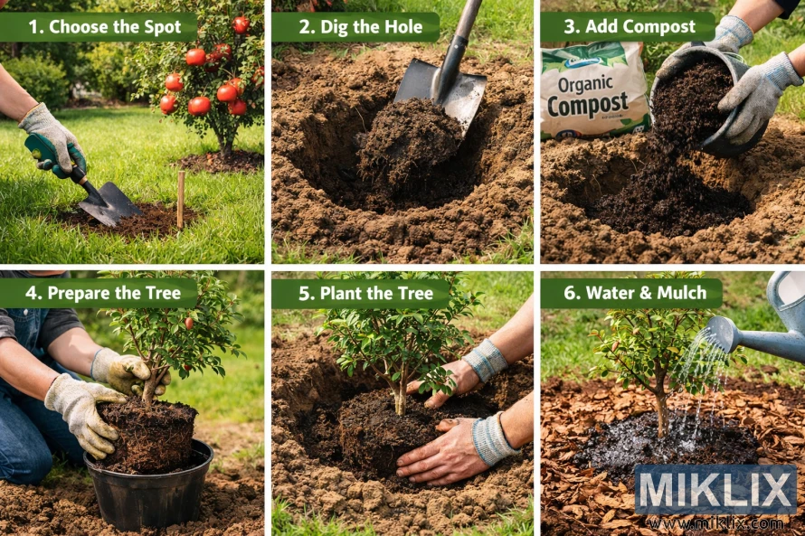 Six-step visual guide showing how to plant a pomegranate tree, from choosing the spot and digging a hole to planting, watering, and mulching. Six-step visual guide showing how to plant a pomegranate tree, from choosing the spot and digging a hole to planting, watering, and mulching.