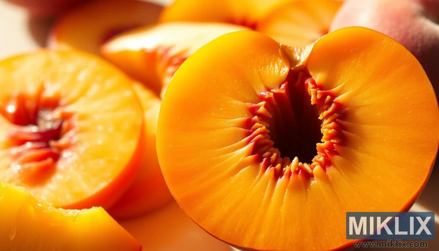 నారింజ-పసుపు రంగు గుజ్జు మరియు వెనుక ముక్కలు ఉన్న జ్యుసి పీచు సగం క్లోజప్. నారింజ-పసుపు రంగు గుజ్జు మరియు వెనుక ముక్కలు ఉన్న జ్యుసి పీచు సగం క్లోజప్.