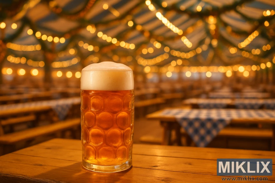 축제 분위기의 옥토버페스트 텐트에서 거품이 가득한 황금빛 보크 라거 맥주 한 잔. 축제 분위기의 옥토버페스트 텐트에서 거품이 가득한 황금빛 보크 라거 맥주 한 잔.