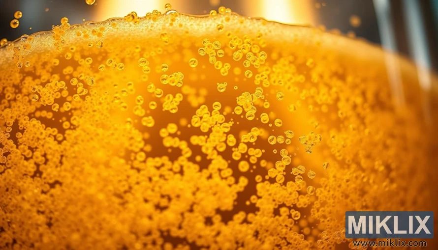 Nærbilde av gjær som aktivt gjærer gylden ølwort i et glødende kar.