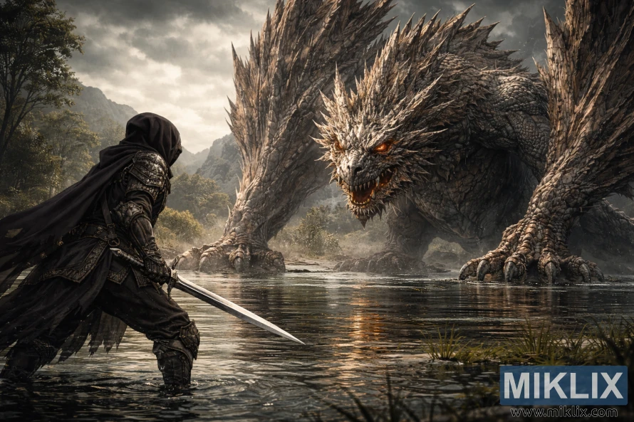 Realistic fantasy artwork of the Tarnished in Black Knife armor holding a sword while facing a gigantic dragon in a shallow lake