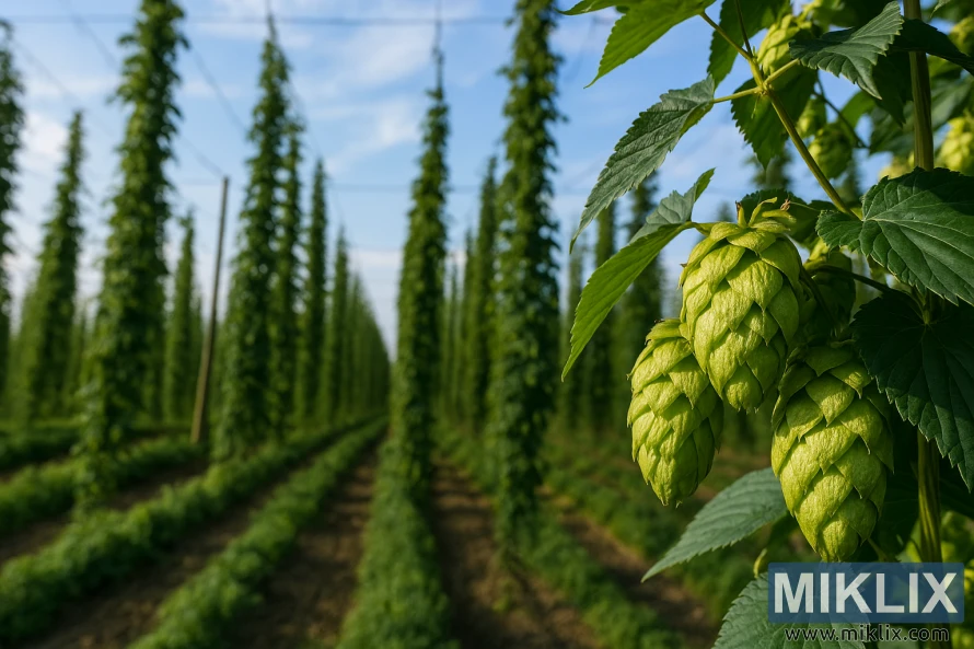 Krupni plan češera hmelja sorte Styrian Golding s rešetkastim poljem hmelja u pozadini