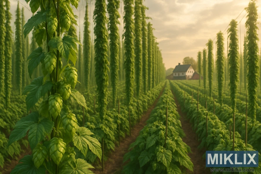 Zeltainā saules gaismā stāvu augsti stāvošu kašmira apiņu grozu rindas, tālumā – lauku māja.