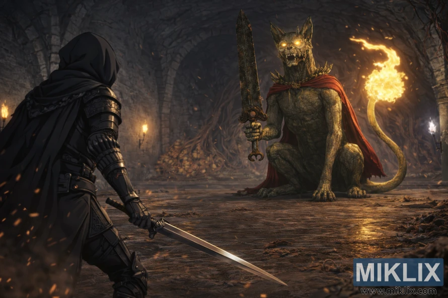 Anime fantasy warrior seen from behind on the left holding a sword while facing a giant seated stone watchdog boss with a glowing flame tail in a dark dungeon. Anime fantasy warrior seen from behind on the left holding a sword while facing a giant seated stone watchdog boss with a glowing flame tail in a dark dungeon.