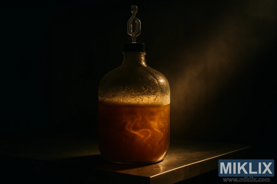 Svakt opplyst glassdunk med gjærende øl på en arbeidsbenk i rustfritt stål med gyldne detaljer. Svakt opplyst glassdunk med gjærende øl på en arbeidsbenk i rustfritt stål med gyldne detaljer.