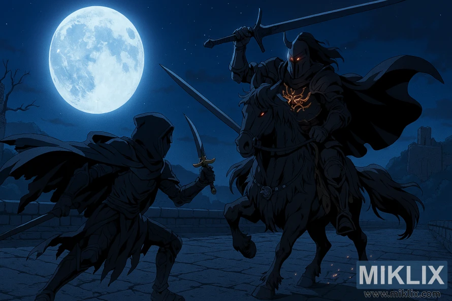 Anime-style battle between Tarnished and Night's Cavalry on a moonlit bridge in Elden Ring