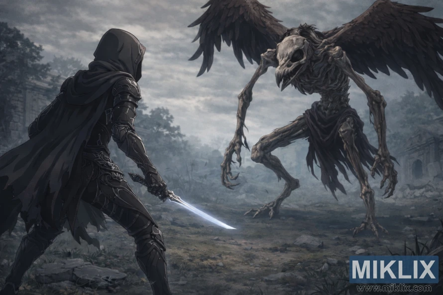 Anime style fan art of a Tarnished warrior in black armor facing a skeletal birdlike Deathbird boss in a foggy ruined landscape before combat begins.