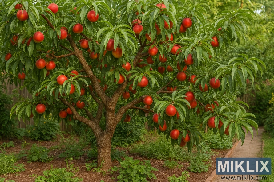 A mature nectarine tree with ripe fruit in a lush home garden