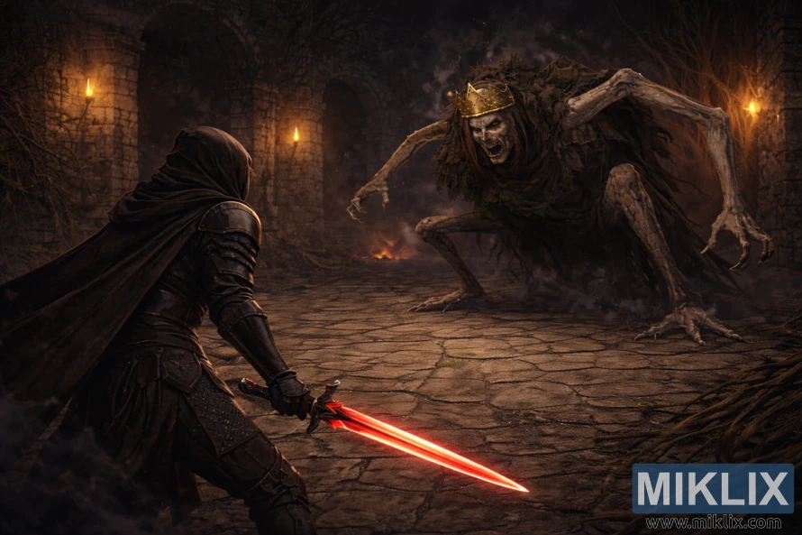 ଡାର୍କ ଫ୍ୟାଣ୍ଟାସି ଏଲଡେନ୍ ରିଙ୍ଗ ଫ୍ୟାନ୍ ଆର୍ଟରେ ବାମ ପାର୍ଶ୍ୱରେ ପଛରୁ ଦେଖାଯାଉଥିବା ଟାର୍ଣ୍ଣିସ୍ଡକୁ ଦର୍ଶାଯାଇଛି, ସେ ଧ୍ୱଂସପ୍ରାପ୍ତ କିଙ୍ଗସ୍ରିଲ୍ମ ପ୍ରାଙ୍ଗଣରେ ରୟାଲ୍ ରେଭେନାଣ୍ଟର ମୁକାବିଲା କରିବା ସମୟରେ ଏକ ଲାଲ-ଜ୍ୱଳନ୍ତ ଖଣ୍ଡା ଧରିଛନ୍ତି।