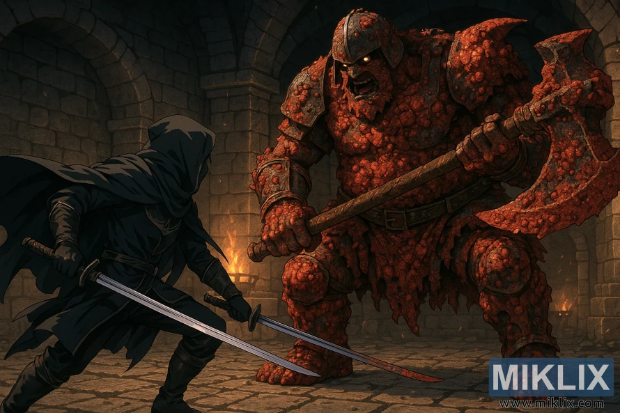 סצנה בסגנון אנימה של לוחם סכין שחורה הנלחם בדו-קרב שומר הקברים המרקיב בעזרת גרזן ענק בקטקומבה מאבן.