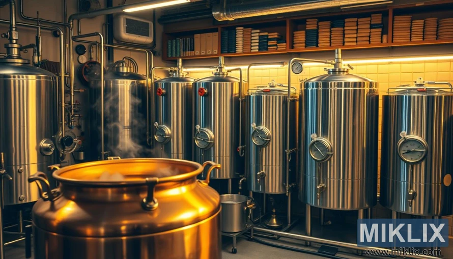 Sehemu ya kazi ya Brewmaster yenye aaaa ya shaba, mizinga isiyo na pua, na rafu za humle na nafaka.