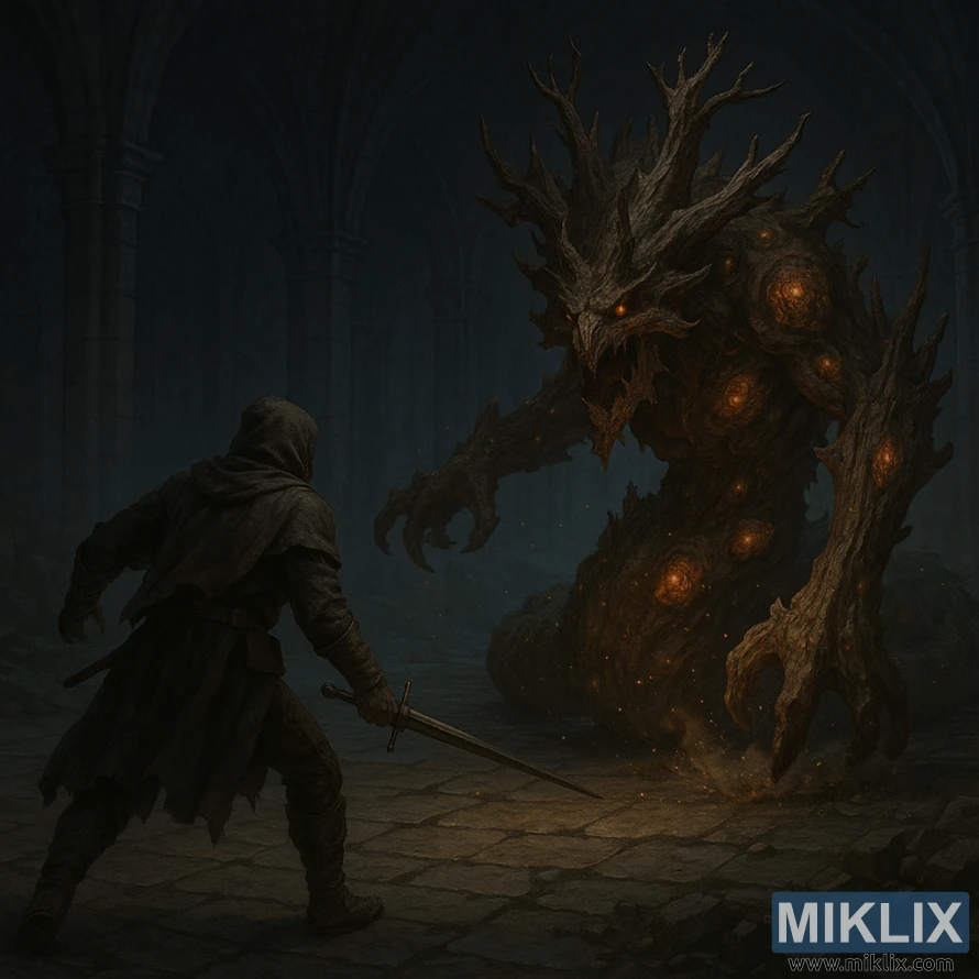 Üksildane kapuutsiga ja mõõgaga sõdalane seisab silmitsi tohutu tumeda kivikatakombi sees kõrguva mädanenud puukoletisega, kellel on hõõguvad haavandid.