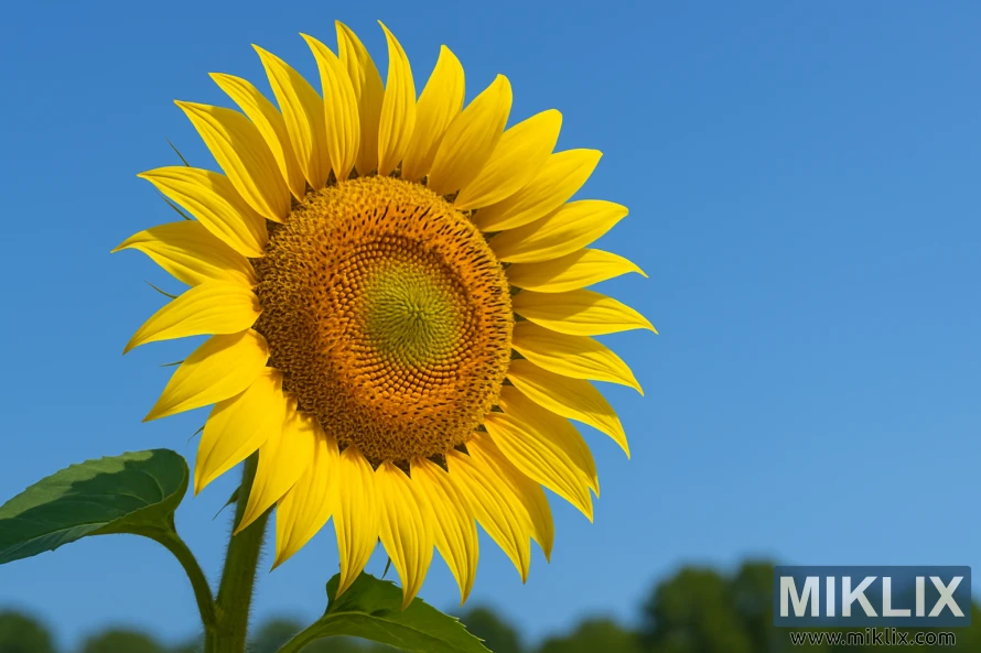 Nahaufnahme einer hoch aufragenden Wolkenkratzer-Sonnenblume mit goldenen Blütenblättern und einer spiralförmigen Mittelscheibe unter einem klaren blauen Sommerhimmel. Nahaufnahme einer hoch aufragenden Wolkenkratzer-Sonnenblume mit goldenen Blütenblättern und einer spiralförmigen Mittelscheibe unter einem klaren blauen Sommerhimmel.