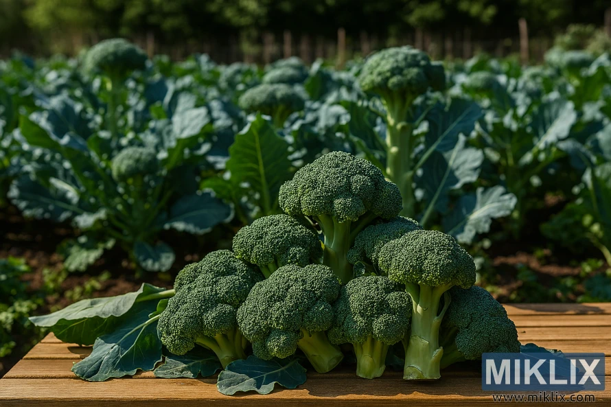 Landscape photo of a successful home garden with harvested broccoli heads in the foreground and healthy plants growing in the background. Landscape photo of a successful home garden with harvested broccoli heads in the foreground and healthy plants growing in the background.