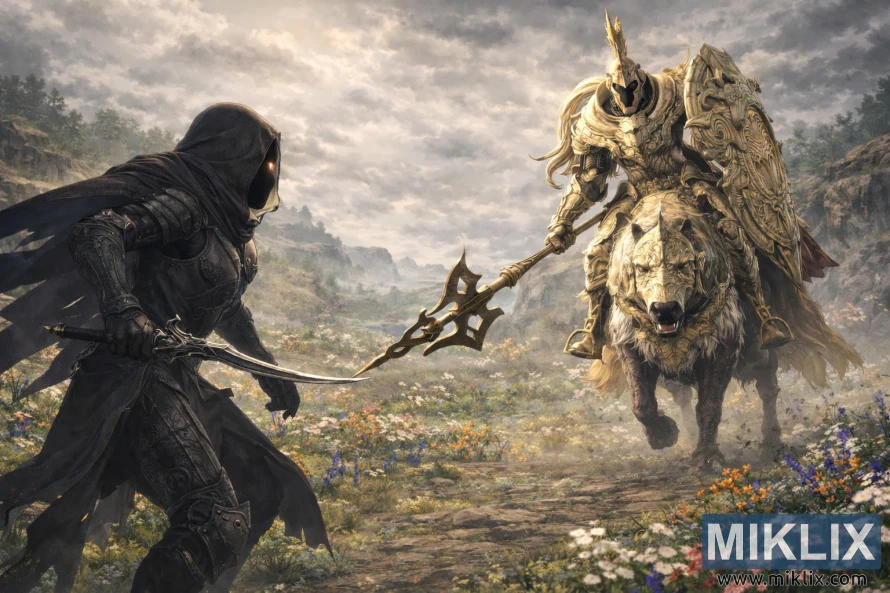 Anime-style fan art showing the Tarnished in Black Knife armor facing a mounted Tree Sentinel in a wildflower-filled landscape just before battle.